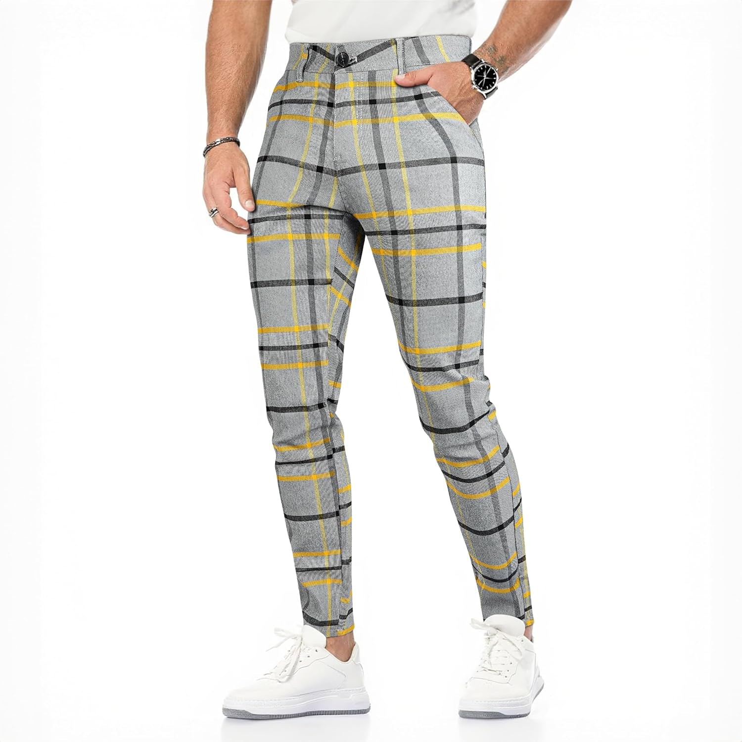 Mens Plaid Dress Pants Stretch Chino Pants Men Slim Fit